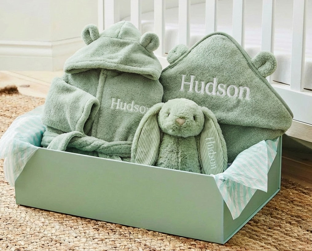 Personalised Sage Splash, Snuggle & Cuddle Gift Set