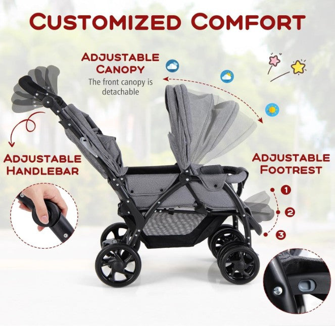 Double Seat Stroller with Adjustable Push Handle, Detachable Canopy and Foot Rest, Foldable Baby Pushchair Buggy for Traveling, Going Shopping &