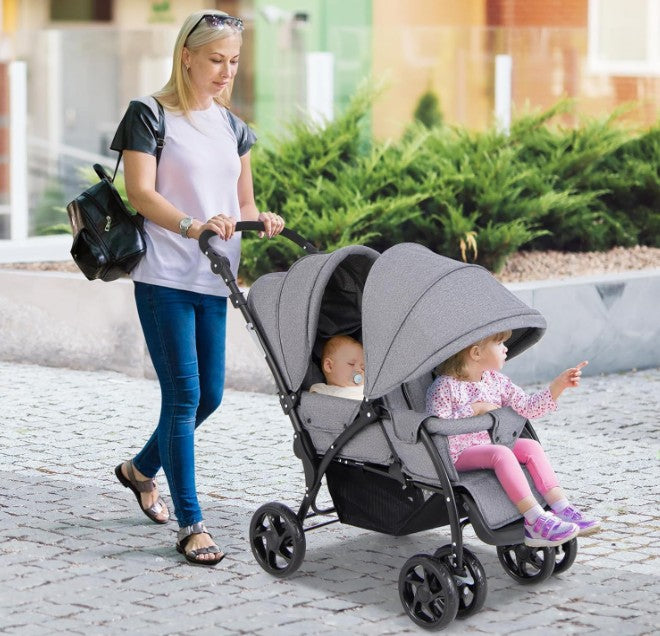 Double Seat Stroller with Adjustable Push Handle, Detachable Canopy and Foot Rest, Foldable Baby Pushchair Buggy for Traveling, Going Shopping &