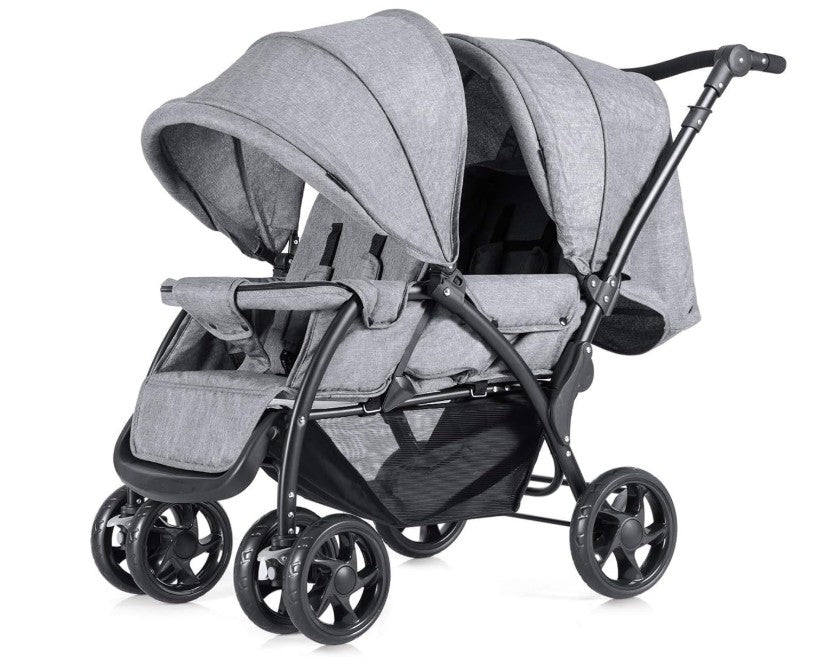Double Seat Stroller with Adjustable Push Handle, Detachable Canopy and Foot Rest, Foldable Baby Pushchair Buggy for Traveling, Going Shopping &