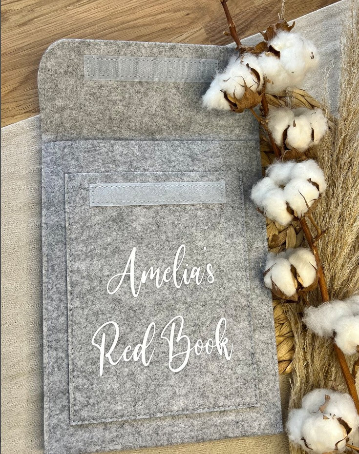 Personalised Red Book cover, designed to protect your child’s health record in a stylish, durable felt finish.