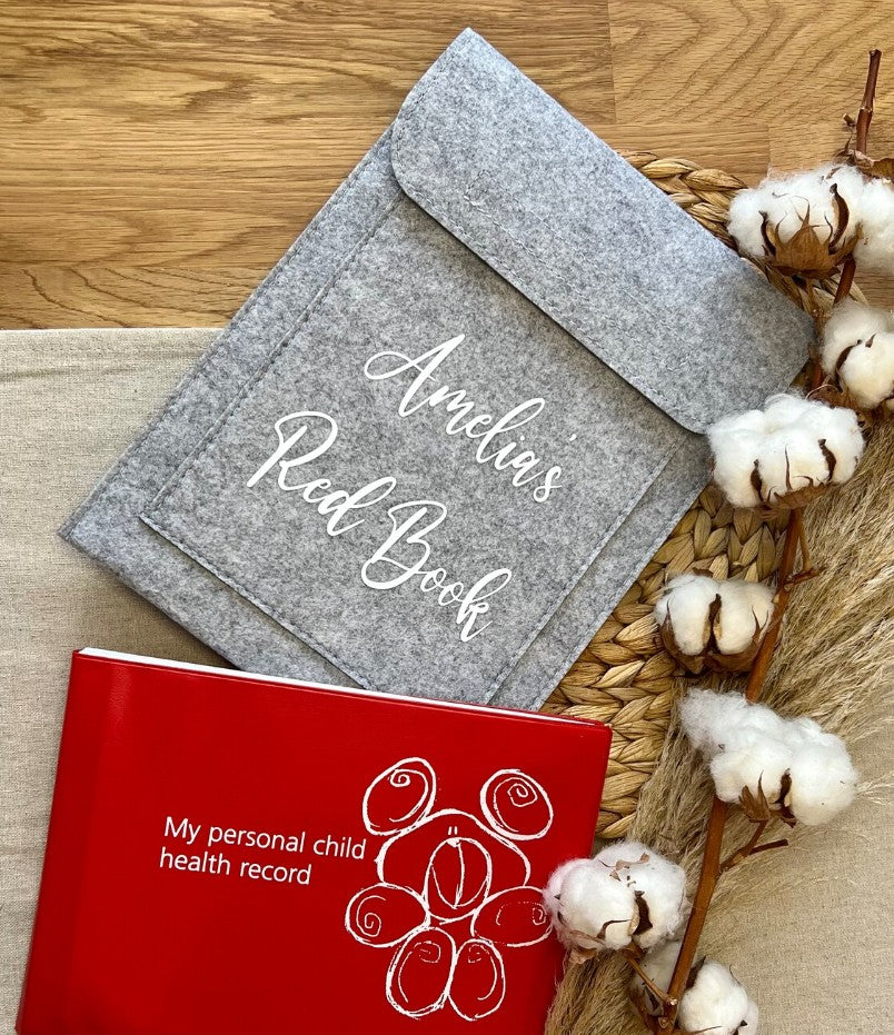 Personalised Red Book cover, designed to protect your child’s health record in a stylish, durable felt finish.