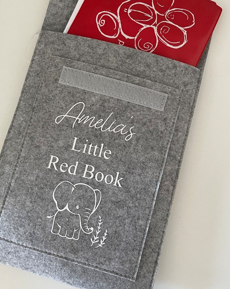 Personalised Red Book cover, designed to protect your child’s health record in a stylish, durable felt finish.