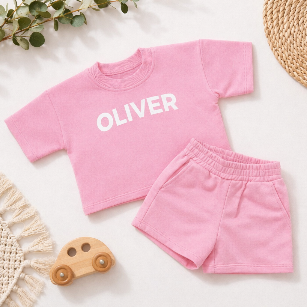 Custom Name Kids Summer Set, Baby Short Sleeve Tee and Short Set, Custom Baby Clothes, Minimalist Toddler Gift, Birthday Outfit