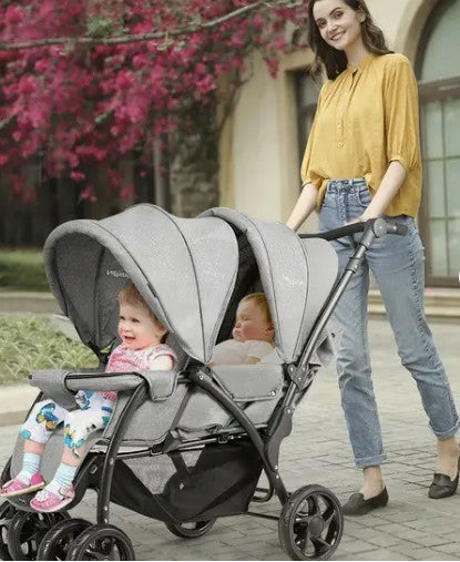 Double Seat Stroller with Adjustable Push Handle, Detachable Canopy and Foot Rest, Foldable Baby Pushchair Buggy for Traveling, Going Shopping &