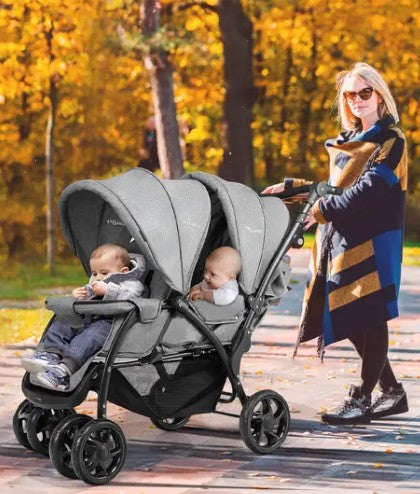 Double Seat Stroller with Adjustable Push Handle, Detachable Canopy and Foot Rest, Foldable Baby Pushchair Buggy for Traveling, Going Shopping &