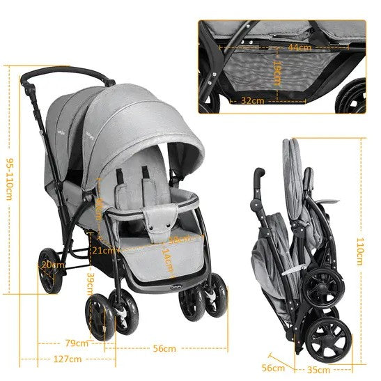Double Seat Stroller with Adjustable Push Handle, Detachable Canopy and Foot Rest, Foldable Baby Pushchair Buggy for Traveling, Going Shopping &