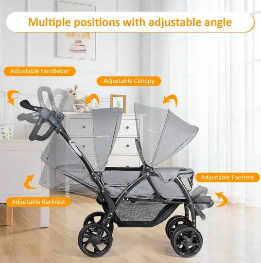 Double Seat Stroller with Adjustable Push Handle, Detachable Canopy and Foot Rest, Foldable Baby Pushchair Buggy for Traveling, Going Shopping &