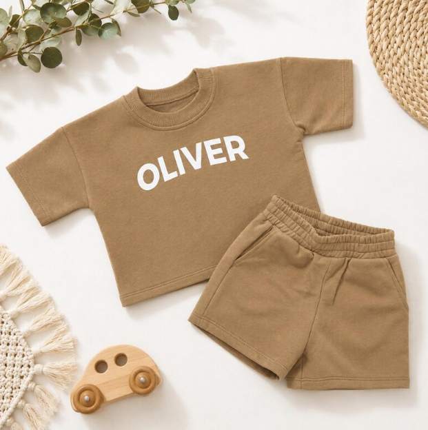 Custom Name Kids Summer Set, Baby Short Sleeve Tee and Short Set, Custom Baby Clothes, Minimalist Toddler Gift, Birthday Outfit