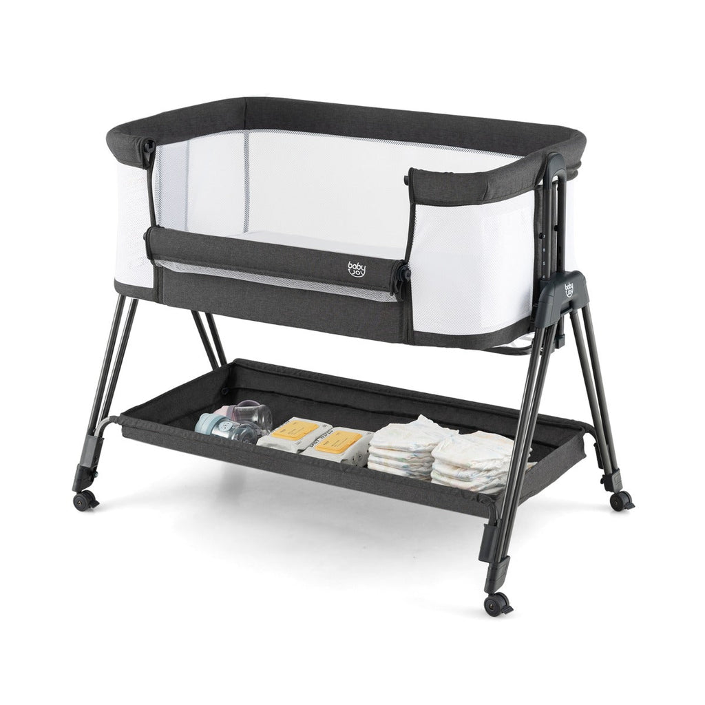 NNECW Easy Folding Portable Baby Crib with 7 Adjustable Heights-Black