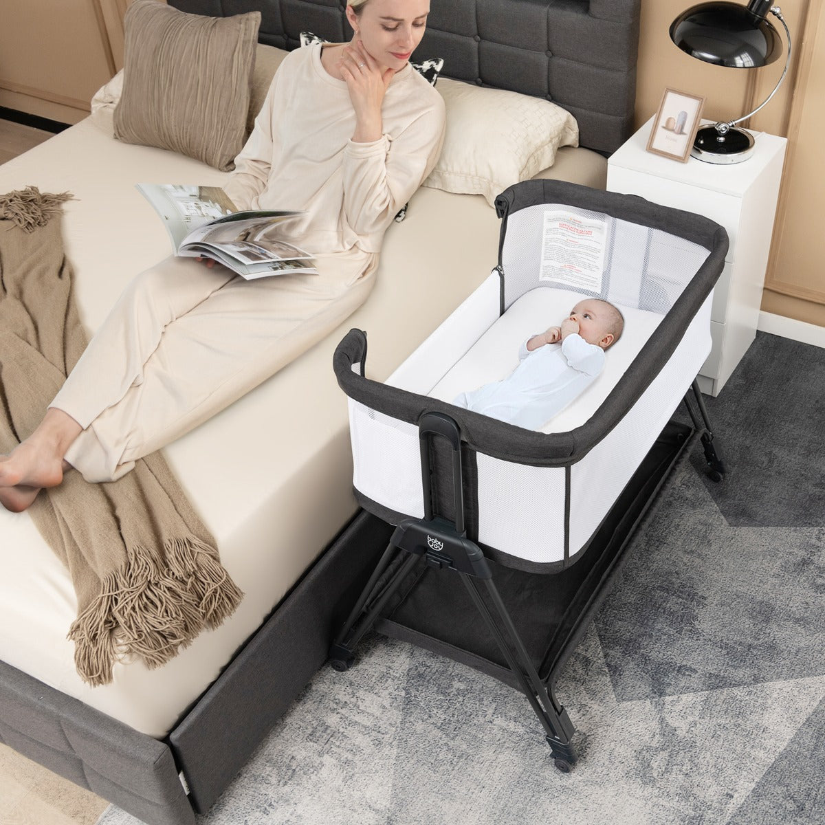 NNECW Easy Folding Portable Baby Crib with 7 Adjustable Heights-Black