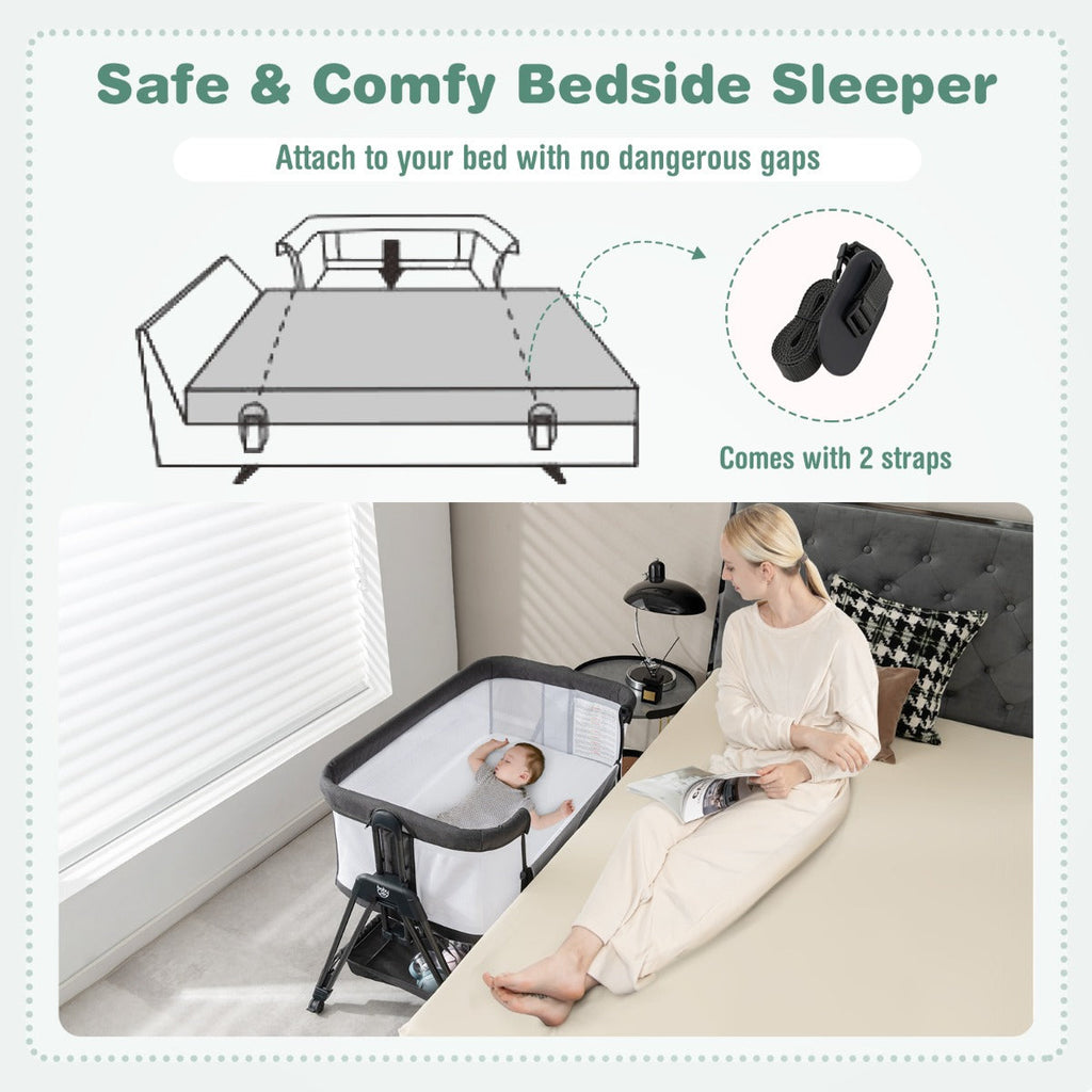NNECW Easy Folding Portable Baby Crib with 7 Adjustable Heights-Black