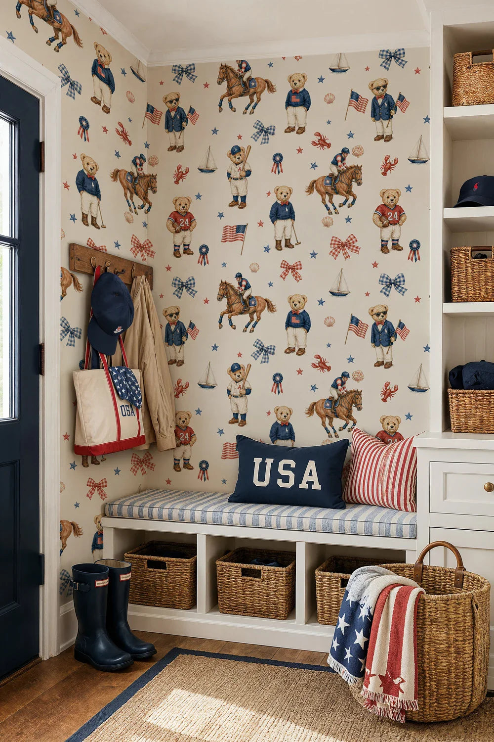 Preppy Teddy Bear Sporty Americana Wallpaper